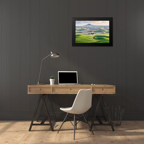 Farmington-Washington State-USA-Wheat farms in front of Steptoe Butte in the Palouse hills Black Modern Wood Framed Art Print by Wilson, Emily M.
