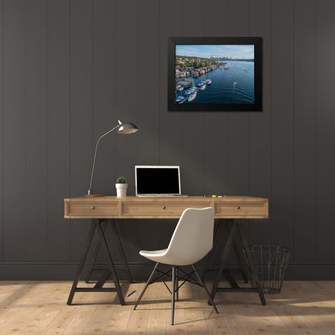 Aerial view of sailboats and houseboats on Lake Union with downtown Seattle in the background Black Modern Wood Framed Art Print by Probst, Greg