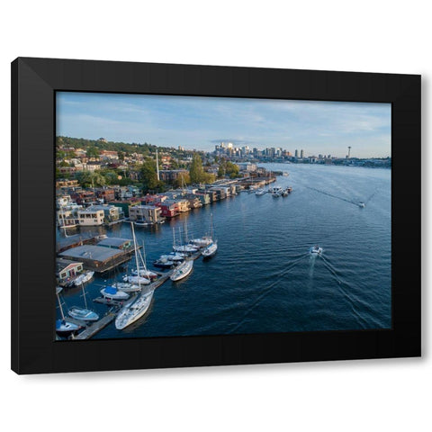 Aerial view of sailboats and houseboats on Lake Union with downtown Seattle in the background Black Modern Wood Framed Art Print by Probst, Greg