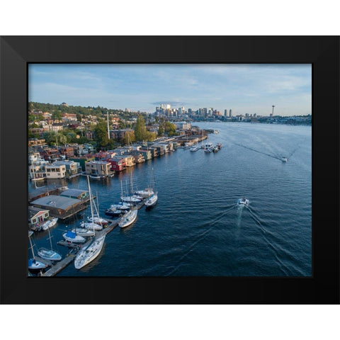 Aerial view of sailboats and houseboats on Lake Union with downtown Seattle in the background Black Modern Wood Framed Art Print by Probst, Greg
