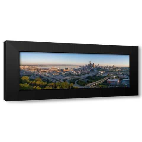 Sunrise view on Seattle-Elliott Bay and the Olympic Mountains as seen from Beacon Hill Black Modern Wood Framed Art Print with Double Matting by Probst, Greg