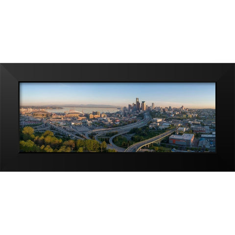 Sunrise view on Seattle-Elliott Bay and the Olympic Mountains as seen from Beacon Hill Black Modern Wood Framed Art Print by Probst, Greg