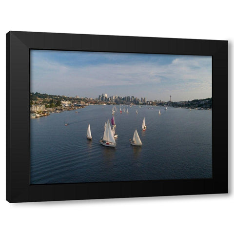 Aerial view of sailboats racing on Lake Union in the evening with the Seattle skyline Black Modern Wood Framed Art Print with Double Matting by Probst, Greg