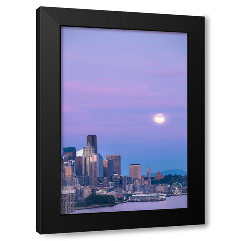 Downtown Seattle with a full moon rising in the evening sky-Seattle-Washington State Black Modern Wood Framed Art Print by Probst, Greg
