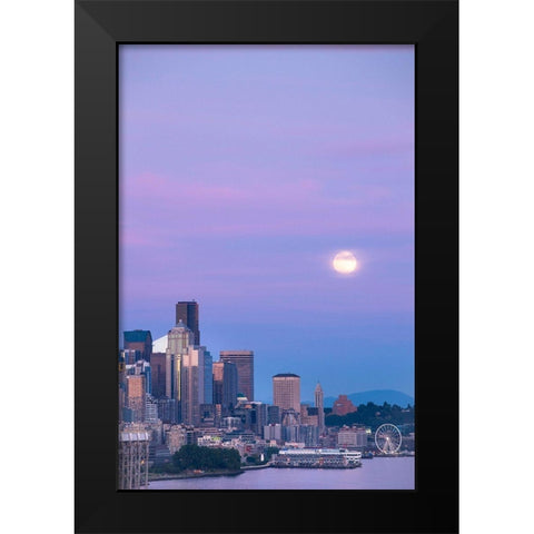 Downtown Seattle with a full moon rising in the evening sky-Seattle-Washington State Black Modern Wood Framed Art Print by Probst, Greg