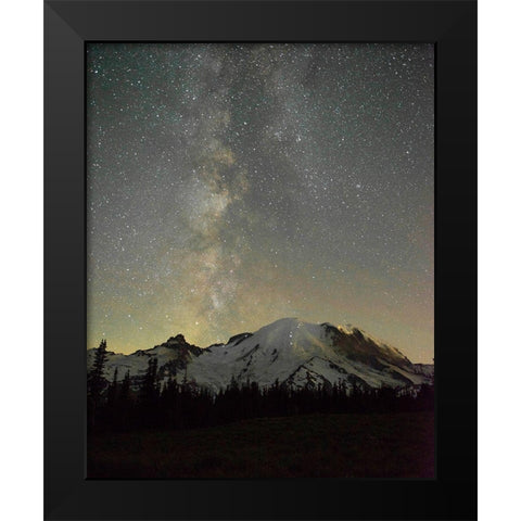 The lights of climbers can be seen on the mountain as the Milky Way rises behind Mt Rainier Black Modern Wood Framed Art Print by Probst, Greg