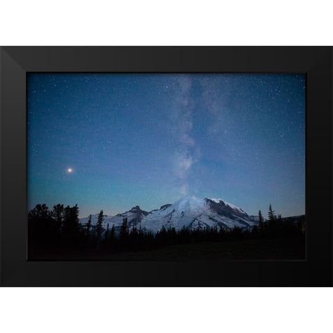 The lights of climbers can be seen on the mountain as the Milky Way rises behind Mt Rainier Black Modern Wood Framed Art Print by Probst, Greg