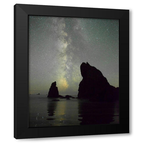 The Milky Way rising behind sea stacks on Ruby Beach-Olympic National Park-Washington State Black Modern Wood Framed Art Print with Double Matting by Probst, Greg