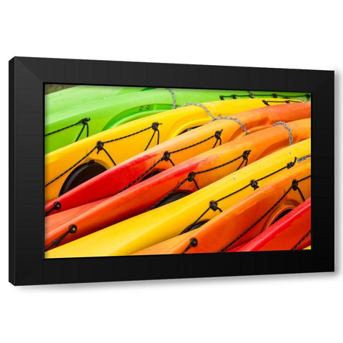 Issaquah-Washington State-USA Colorful kayaks lying on their side Black Modern Wood Framed Art Print by Horton, Janet