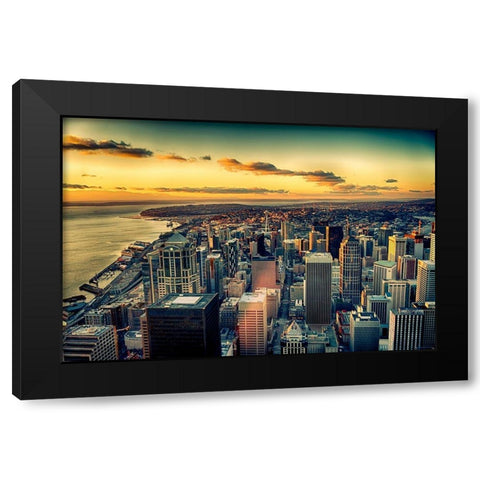 Washington State-Seattle Dusk on the Seattle skyline and Elliot Bay Black Modern Wood Framed Art Print with Double Matting by Duval, Richard