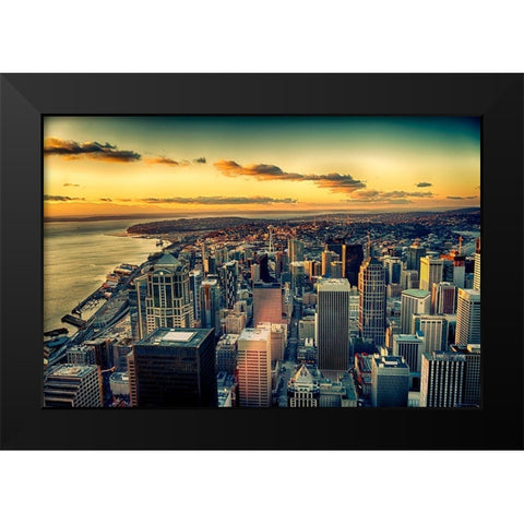 Washington State-Seattle Dusk on the Seattle skyline and Elliot Bay Black Modern Wood Framed Art Print by Duval, Richard