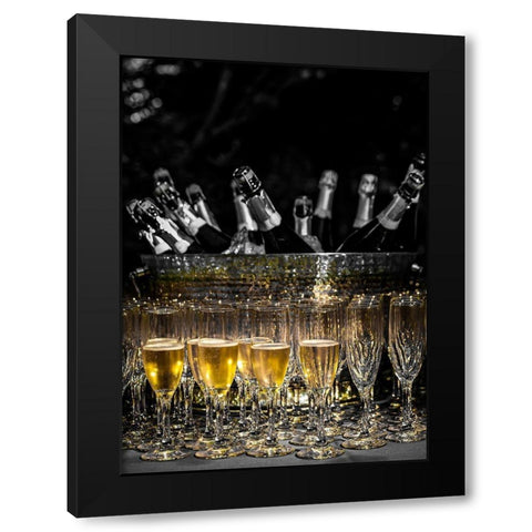 Washington State-Woodinville Sparkling wine bottles and glasses ready for tasting at a wine event Black Modern Wood Framed Art Print by Duval, Richard