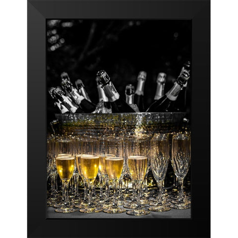 Washington State-Woodinville Sparkling wine bottles and glasses ready for tasting at a wine event Black Modern Wood Framed Art Print by Duval, Richard