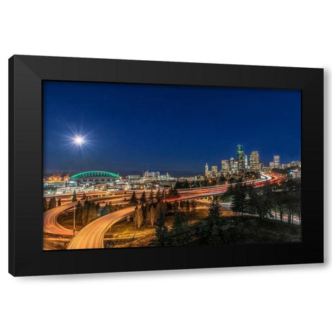 Washington State-Seattle Full Moon Over Downtown Black Modern Wood Framed Art Print with Double Matting by Tilley, Rob