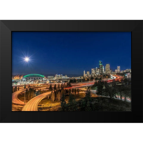Washington State-Seattle Full Moon Over Downtown Black Modern Wood Framed Art Print by Tilley, Rob
