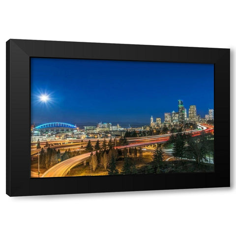 Washington State-Seattle Full Moon Over Downtown Black Modern Wood Framed Art Print with Double Matting by Tilley, Rob