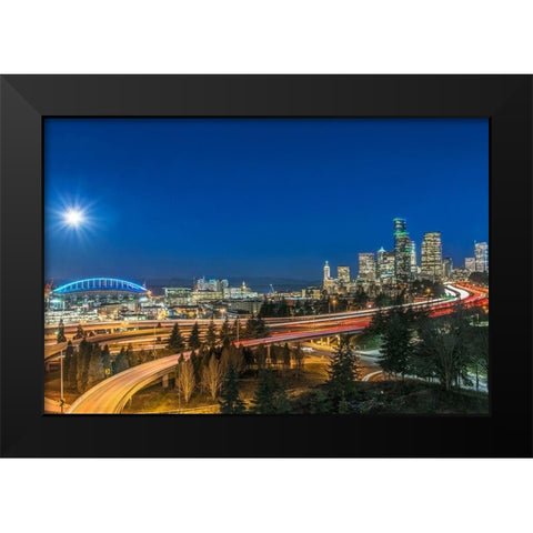 Washington State-Seattle Full Moon Over Downtown Black Modern Wood Framed Art Print by Tilley, Rob