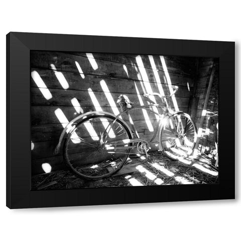 Old bicycle inside barn with shadows streaming Black Modern Wood Framed Art Print by Eggers, Terry