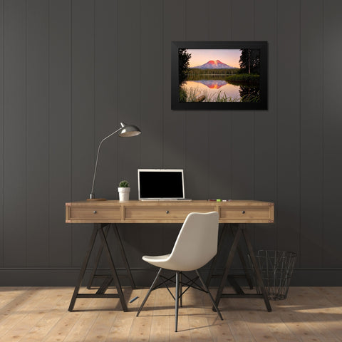 USA-Washington State-Sunset on Mt-Adams reflecting in Lake Takhlakh Black Modern Wood Framed Art Print by Eggers, Terry