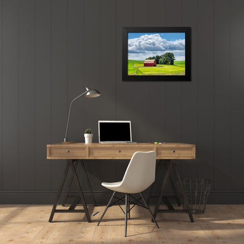 USA-Washington State-Palouse-Old Red barn with fresh green fields Black Modern Wood Framed Art Print by Eggers, Terry