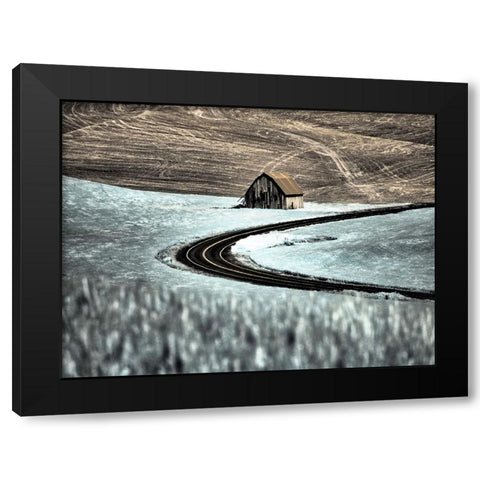 USA-Washington State-Palouse-Road running through the crops with barn along side the road Black Modern Wood Framed Art Print by Eggers, Terry