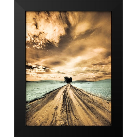 USA-Washington State-Palouse-Backcountry road through wheat field with lone tree and clouds Black Modern Wood Framed Art Print by Eggers, Terry