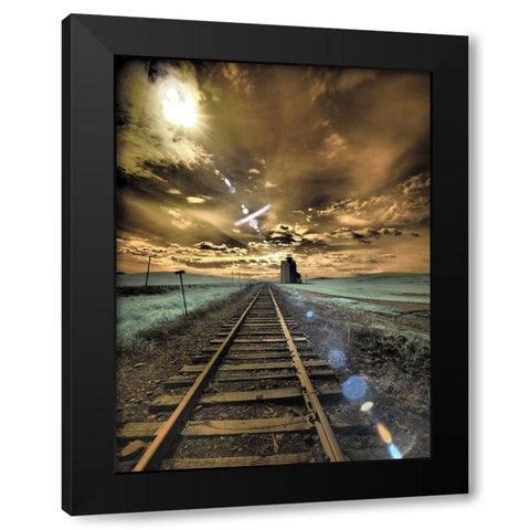 USA-Washington State-Palouse-Backcountry rail Road and Silo through wheat field with clouds Black Modern Wood Framed Art Print with Double Matting by Eggers, Terry