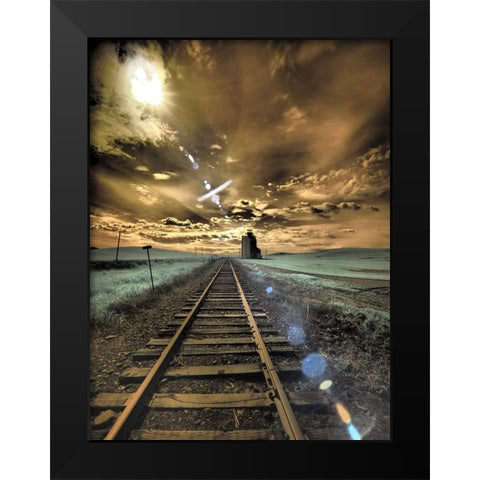 USA-Washington State-Palouse-Backcountry rail Road and Silo through wheat field with clouds Black Modern Wood Framed Art Print by Eggers, Terry