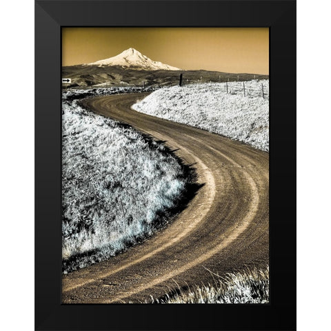 USA-Washington State Infrared capture of road running though wildflowers with Mount Hood background Black Modern Wood Framed Art Print by Eggers, Terry