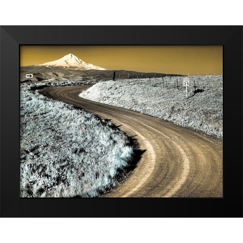 USA-Washington State Infrared capture of road running though wildflowers with Mount Hood background Black Modern Wood Framed Art Print by Eggers, Terry