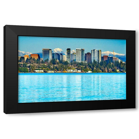 High-rise buildings-Lake Washington and snowcapped Cascade Mountains-Bellevue-Washington State Black Modern Wood Framed Art Print by Perry, William