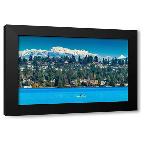 Yellow canoe and houses-Lake Washington and snowcapped Cascade Mountains-Bellevue-Washington State Black Modern Wood Framed Art Print with Double Matting by Perry, William