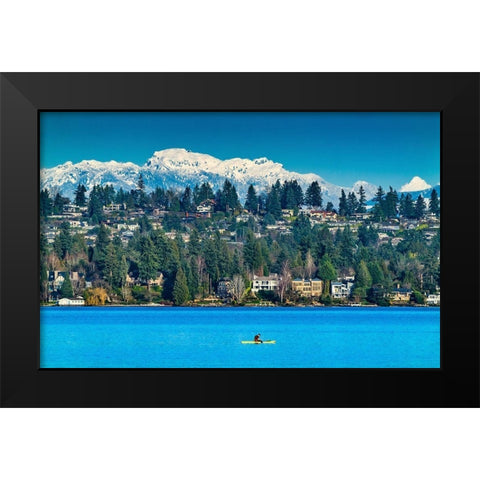 Yellow canoe and houses-Lake Washington and snowcapped Cascade Mountains-Bellevue-Washington State Black Modern Wood Framed Art Print by Perry, William