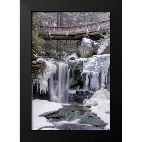 WV, Blackwater Falls SP Bridge and waterfall Black Modern Wood Framed Art Print by OBrien, Jay
