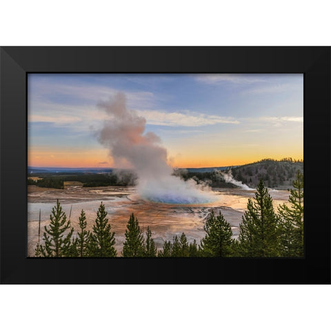 Elevated sunrise view of Grand Prismatic spring and colorful bacterial mat-Yellowstone National Park Black Modern Wood Framed Art Print by Jones, Adam