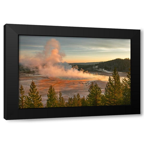 Elevated sunrise view of Grand Prismatic spring and colorful bacterial mat-Yellowstone National Park Black Modern Wood Framed Art Print by Jones, Adam
