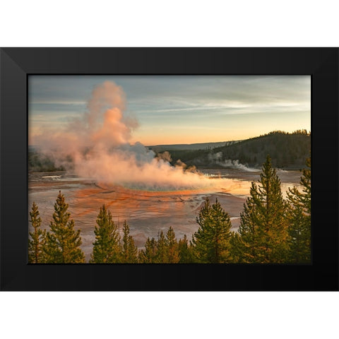 Elevated sunrise view of Grand Prismatic spring and colorful bacterial mat-Yellowstone National Park Black Modern Wood Framed Art Print by Jones, Adam