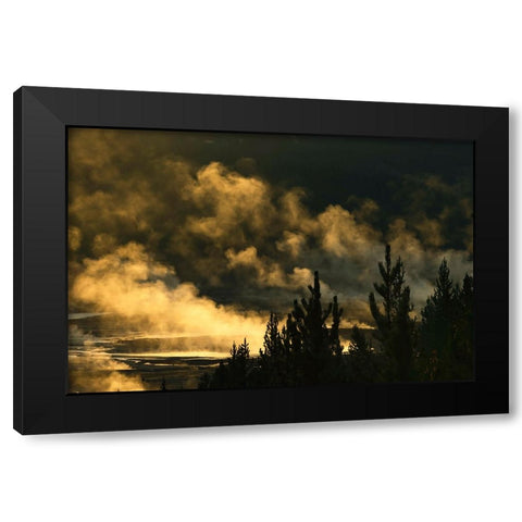 Elevated view of runoff water and bacterial mat-Grand Prismatic spring Black Modern Wood Framed Art Print by Jones, Adam