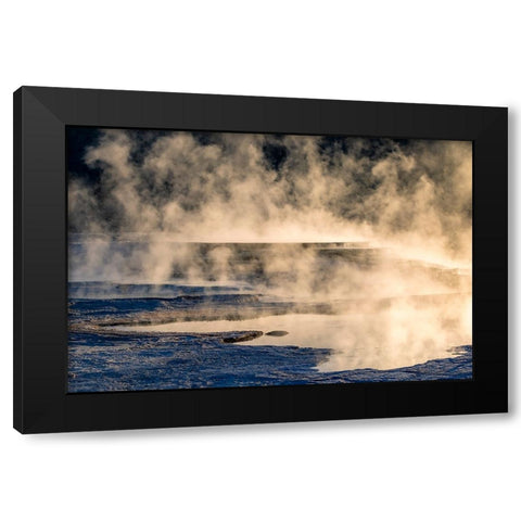 Canary Spring and steaming mist at sunrise-Mammoth Hot Springs-Yellowstone National Park-Wyoming Black Modern Wood Framed Art Print by Jones, Adam