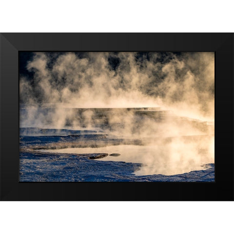 Canary Spring and steaming mist at sunrise-Mammoth Hot Springs-Yellowstone National Park-Wyoming Black Modern Wood Framed Art Print by Jones, Adam