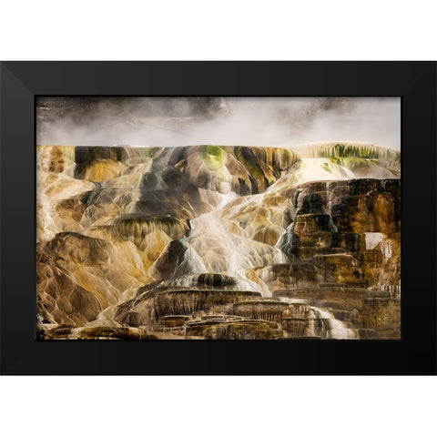Colorful travertine slope with yellow and brown cyanobacteria-Mammoth Hot Springs Black Modern Wood Framed Art Print by Jones, Adam