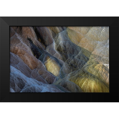Colorful travertine slope with yellow and brown cyanobacteria-Mammoth Hot Springs Black Modern Wood Framed Art Print by Jones, Adam
