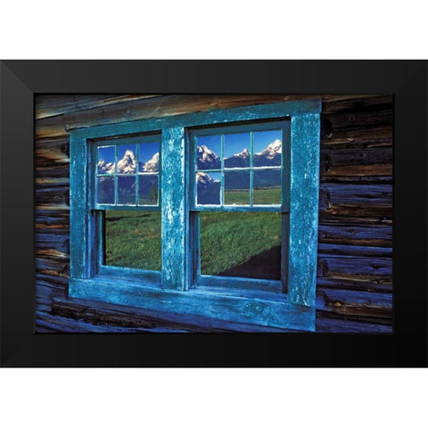 WY, Grand Tetons reflecting in windows at sunrise Black Modern Wood Framed Art Print by Kirkland, Dennis