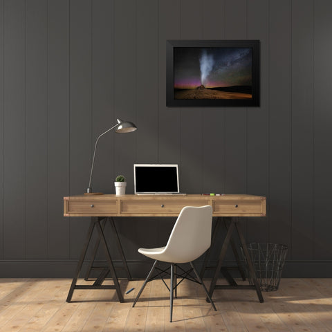Wyoming-Yellowstone National Park Aurora and Milky Way above erupting White Dome Geyser  Black Modern Wood Framed Art Print by Jaynes Gallery