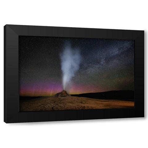 Wyoming-Yellowstone National Park Aurora and Milky Way above erupting White Dome Geyser  Black Modern Wood Framed Art Print by Jaynes Gallery