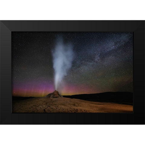 Wyoming-Yellowstone National Park Aurora and Milky Way above erupting White Dome Geyser  Black Modern Wood Framed Art Print by Jaynes Gallery
