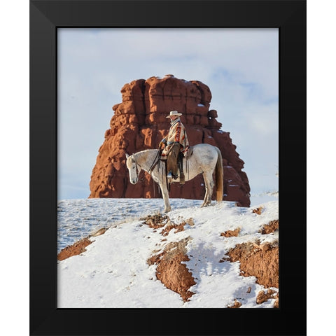 USA- Wyoming. Hideout Ranch cowgirl on horseback riding on ridgeline snow.  Black Modern Wood Framed Art Print by Gulin, Darrell
