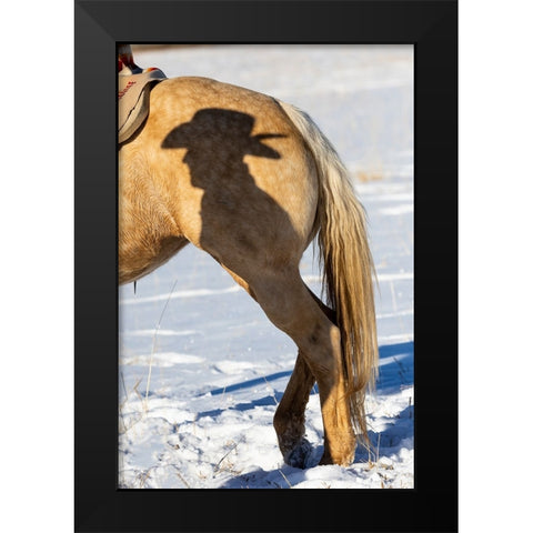 USA- Shell- Wyoming. Hideout Ranch Shadow of cowhand with hat on side of horse.  Black Modern Wood Framed Art Print by Gulin, Darrell