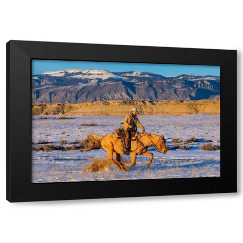 USA- Shell- Wyoming. Hideout Ranch cowgirl riding fast snows.  Black Modern Wood Framed Art Print with Double Matting by Gulin, Darrell