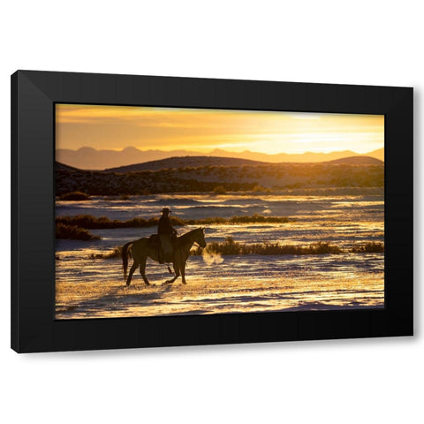 USA- Shell- Wyoming. Hideout Ranch sunset and silhouetted cowboy.  Black Modern Wood Framed Art Print with Double Matting by Gulin, Darrell